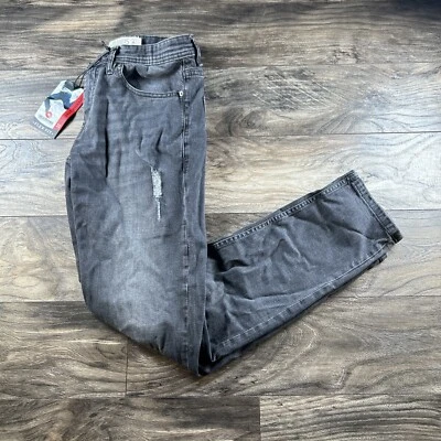 Jeans masculino Akademiks Jeanius 30x32 cinza flexível desbotado bigodes grunge desgastados - Imagem 1 de 4