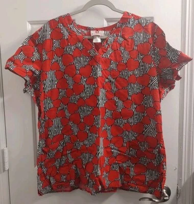 White Cross Heart Zebra Print Women's Scrub Top Size XL  - Image 1 of 3
