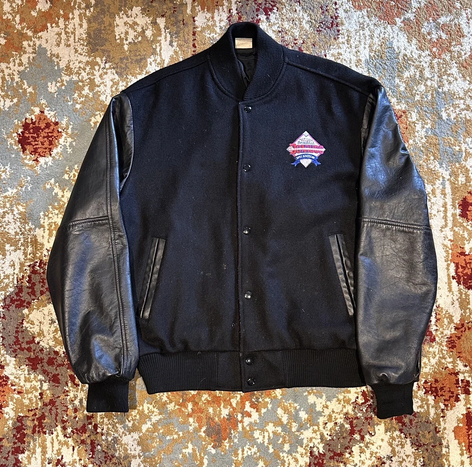 复古皮革 Donruss 1993 羊毛和黑色校服夹克 MLB 尺寸 L 非常好! — 第 1/4 张图片