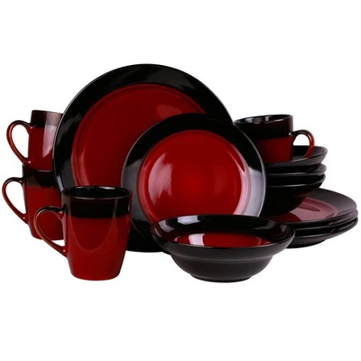Round Stoneware Two-Toned Dinnerware Dish Set, 16 Piece, Bright Red and Black - Изображение 1 из 4