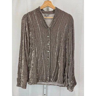 J. JILL Terciopelo Aplastado Botón Top Cuello en V Manga Larga Seda Rayón Gris Taupe M Foto 1 de 4