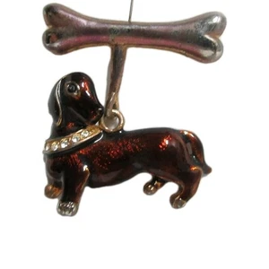 VTG DASCHUND Weiner Dog WITH BONE Small Brooch Pin RHINESTONE COLLAR - Picture 1 of 2