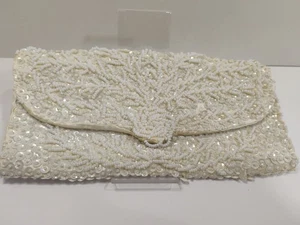 Cartera clutch vintage Bon Soir con cuentas Hong Kong cuentas italianas lentejuelas blancas... - Imagen 1 de 17