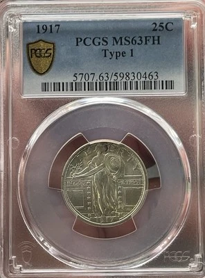 1917 Type 1 Standing Liberty Quarter 25c MS63 FH Full Head - Image 1 of 4