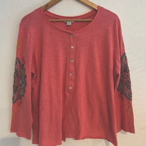 Sundance Coral Pink Embroidered Cotton Henley 3/4 Sleeve Top Shirt Boho Floral L - Picture 1 of 6