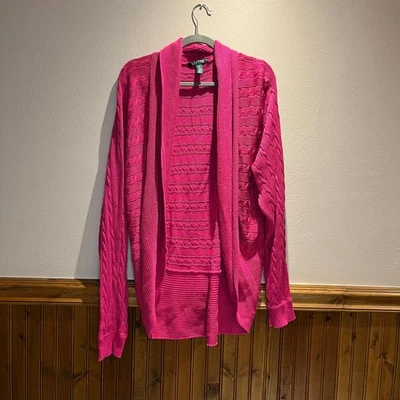 Suéter Cárdigan Lauren Ralph Lauren Tejido con Cable Algodón Viscosa Talla XL Rosa Preppy Foto 1 de 4