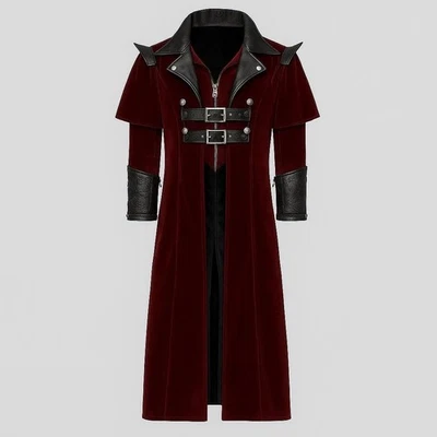 Men’s Gothic Red Velvet Steampunk Trench Coat Long Jacket Victorian Cosplay - Image 1 of 4