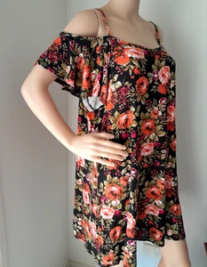 BOOHOO Orange Black Floral Stretch Flutter Sleeve Mini Dress Plus size Uk20 - Picture 1 of 4