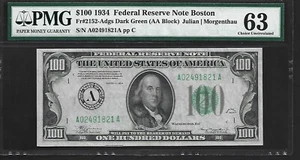 US 100 Dollars 1934 PMG 63 UNC Fr #2152-Adgs FRN Boston Julian/Morgenthau - Picture 1 of 4