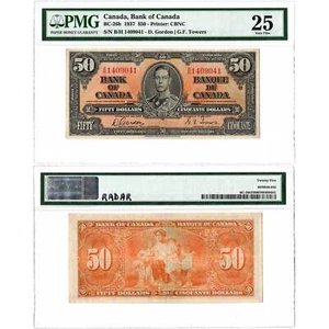 $50 1937 Bank of Canada Note Radar Serial 1409041 BC-25c - PMG VF-25 - Picture 1 of 3