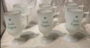 6 Vintage Milk Glass Irish Clover  Pedestal Coffee Cup Mugs Gold Rimmed Ireland - Bild 1 von 7