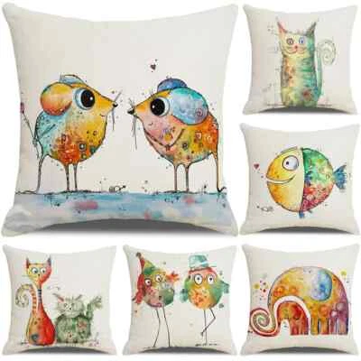Cartoon Animals Cushion Cover Pillow Pillowslip Printed of Cat Fish Mouse Bird - Image 1 of 4