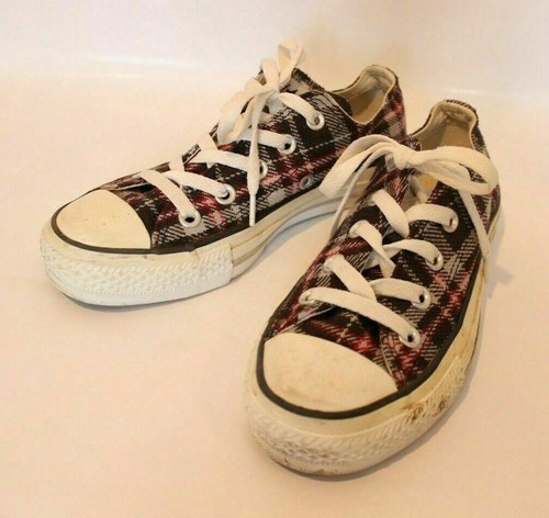 Scarpe da ginnastica Converse da donna rosse nere design a quadri in tela taglia UK 3