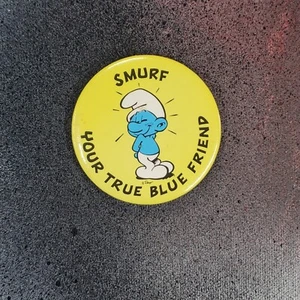 Vintage 80s Smurf Button Pin Pinback 2 1/8” “Want To Smurf Around?"  863L - Picture 1 of 2