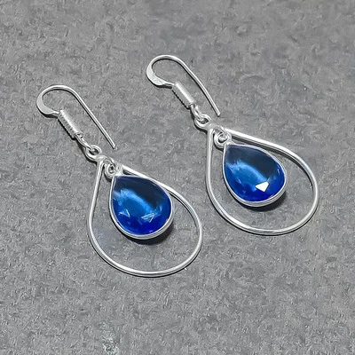 Faceted Tanzanite Quartz Pear Shape Drop Dangle Gemstone Jewelry Earrings 1.70" - Image 1 of 4