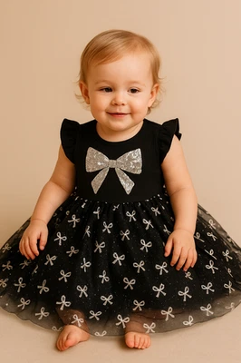 Vestido Young Hearts Bebé Niña Negro Plata Lentejuelas Lazo Fiesta Tul Conjunto Talla 2 Foto 1 de 4