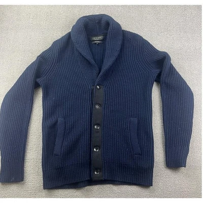 Rag And Bone Cardigan Sweater Men M Navy 100% Wool Knit Shawl Collar Buttons - Image 1 of 4