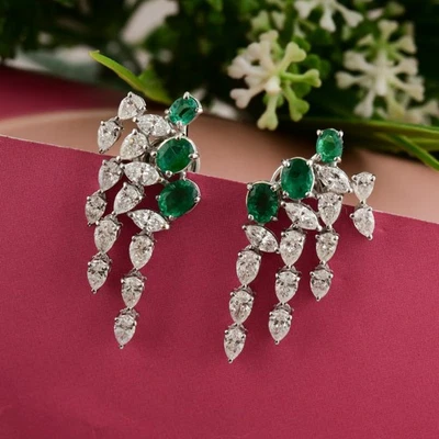 3.82 Tcw Natural SI/H Diamond Zambian Emerald Dangle Earrings 18k White Gold - Image 1 of 4