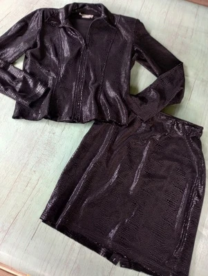 Vintage Hugo Buscati Collection Skirt Set Zip Jacket Size 8 Black Animal Print - Image 1 of 4