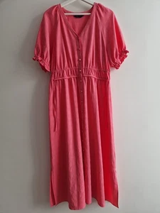 M&S Pink Button Down Summer Dress UK 14 Ruched Puff Sleeve V Neck Beach Holiday - Picture 1 of 19