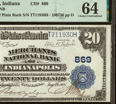 1902 $20 The Merchants NB of Indianapolis Indiana Ch#869 PMG 64 (FXJ) - Image 1 of 4