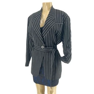 Bernard Perris Paris Pin gestreifter schwarzer & weißer langer Blazer mit passendem Gürtel M/L - Bild 1 von 12
