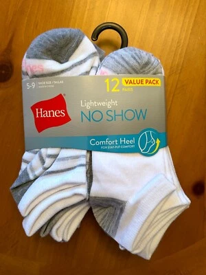 Hanes 轻便 12 双无展示袜白色/灰色女式鞋 5-9 码 — 第 1/3 张图片