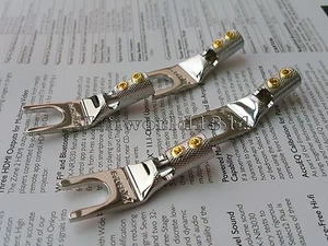4 Stück Lautsprecherkabel Spaten Stecker Reines Kupfer Gabel Rhodiniert - Bild 1 von 5