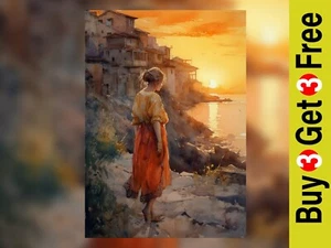 Golden Hour Serenity: Italian Girl at Sunset Watercolor Painting Print 5"x7"