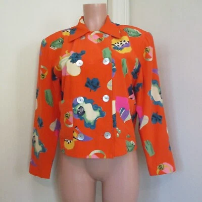 BLOOMINGDALE'S SEDA NARANJA MULTI-IMPRESIÓN DOBLE BOTONADURA CUADRADO AÑOS 80 DE COLECCIÓN. CHAQUETA, 8 Foto 1 de 4