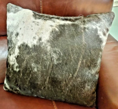 Cowhide Fur Cushion Pillow GREY and Off White GRAY black Leather  COVER handmade - Image 1 of 4