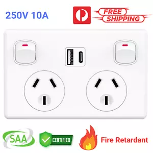 FAST Charge 3.6amp Double Power Point USB & Type-C GPO Wall Outlet Supply Socket - Picture 1 of 23