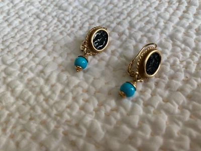 Tagliamonte Onyx  Turquoise Earrings  Solid 14K yellow gold - Image 1 of 4
