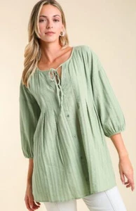 New Umgee S M Green Button Front Box Pleats Cotton Oversized Long Tunic Top - Picture 1 of 7