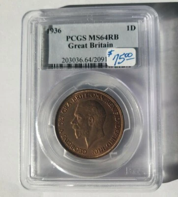 GREAT BRITAIN George V Bronze 1936 1 Penny PCGS MS64 RB NICE KM# 838 (007) - Image 1 of 4