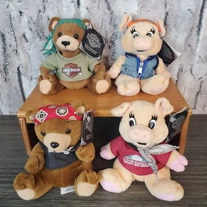 4 VTG HARLEY DAVIDSON BIKER PIGS Bean Filled Plush W/ Tags - 2 Boys, 2 Girls - Picture 1 of 10