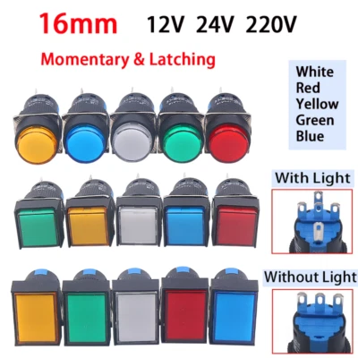 16mm Power Push Button Switch LED Momentary Latching Waterproof 12V 24V 220V - Image 1 of 4