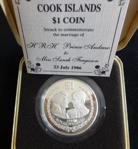 1986 SILVER PROOF COOK ISLANDS $1 COIN BOX + COA PRINCE ANDREW & SARAH WEDDING - Picture 1 of 6
