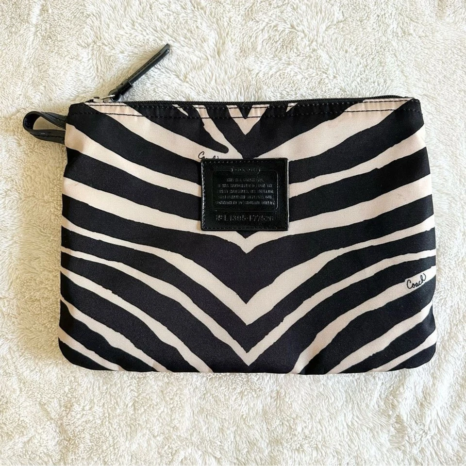 Coach Pouch Black Tan Zebra Print Snap Multifunction Nylon Pocket - Image 1 of 4