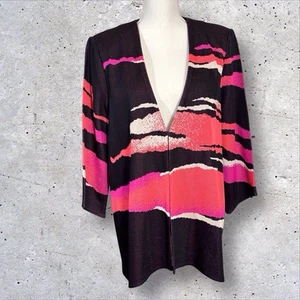 Ming Wang Knit Cardigan Jacket Black Pink Coral Beige Wave Womens Medium - Picture 1 of 14