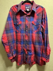 Camisa De Colección Wrangler Perla A Presión A Cuadros Hombres Etiqueta 18 X 36 Rojo Azul Manga Larga Occidental - Imagen 1 de 3