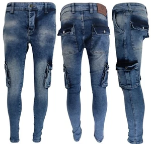 Jeans da combattimento uomo gamba dritta tasche utility pantaloni denim per uomo blu 30"- 42" - Foto 1 di 7