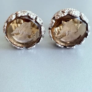 Intaglio Smoky Topaz Glass Cameo Clip On Round Chunky Earrings Vintage 1960's - Picture 1 of 9