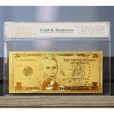 100mg 24K Gold 2009 $5 Five Dollar Bill Federal Reserve Banknote with White COA - Image 1 of 3