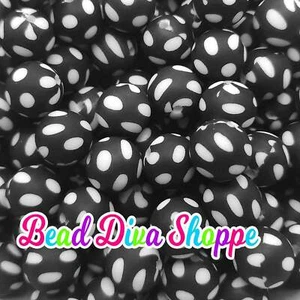 Set of 10 - 15mm - BLACK / WHITE DOTS - Round Silicone Beads for Diy and Jewelry - Picture 1 of 1