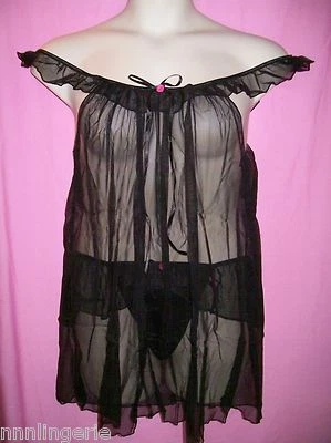 Rene Rofe Lingerie 2 Piece Plus Size Mesh Babydoll with G-String Set Queen Size - Image 1 of 4