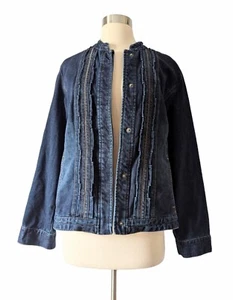 CHICO'S PLATINUM Denim Jean Jacket Blue Ruffle Detail Sz 1 - Picture 1 of 6