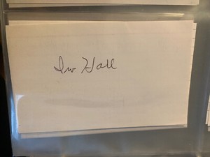 Irv Hall signed 3 x 5 index card.  Played for Philadelphia Athletics  