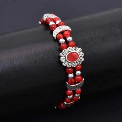 Tibetan Silver Bangle Red Bead Stone Woman Bracelet Ladies Bangle 6# - Image 1 of 4