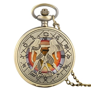 Bronze Pocket Watch with 12 Constellation Design Retro Quartz Timepiece Chain - Picture 1 of 24